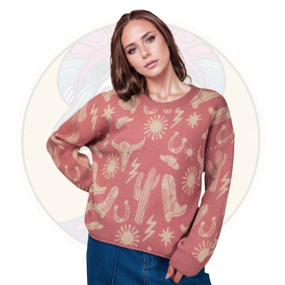 10C Western Graphic Knit Thick Sweater Top Mauve Pink